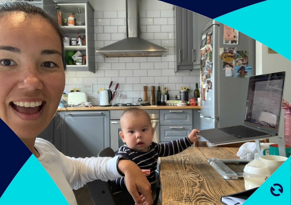 Woman with baby sat at a table, smiling. Text: Embracing the future of work - 5 lessons learnt from work during coronavirus